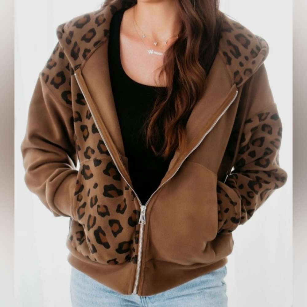 Womens Brown Leopard Print Heavy Duty Full Zip Fleece Jacket Size M